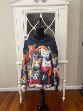 Graphic Cat Print Hoodie Sweatshirt - Multicolor